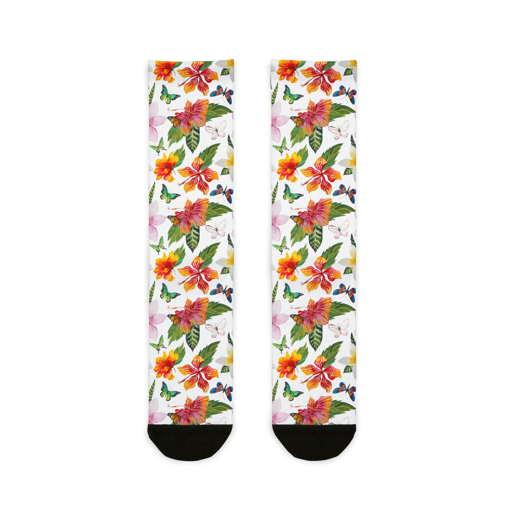 Floral patterned socks on a white background