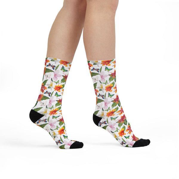 Colorful floral-patterned socks on a white background