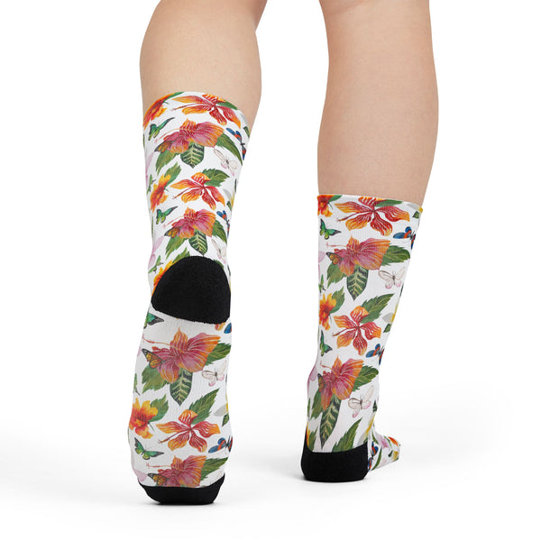 Colorful floral-patterned socks on a white background