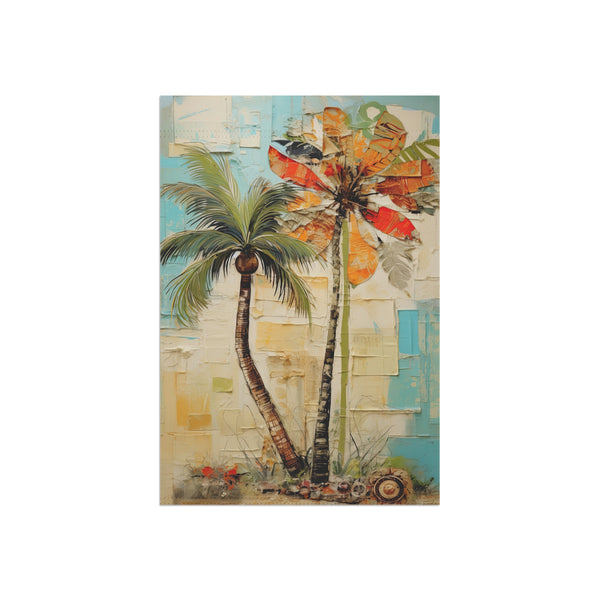 Colorful artwork with palm trees and abstract elements on a textured background
