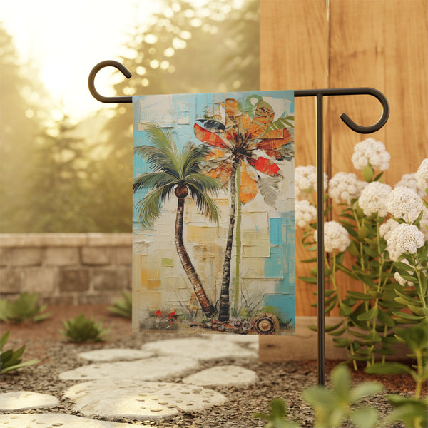 Decorative garden flag with palm trees on a stand in a garden setting