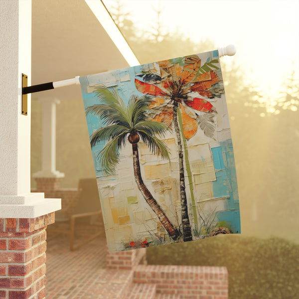 Decorative flag with palm trees hanging on a pole outdoors.