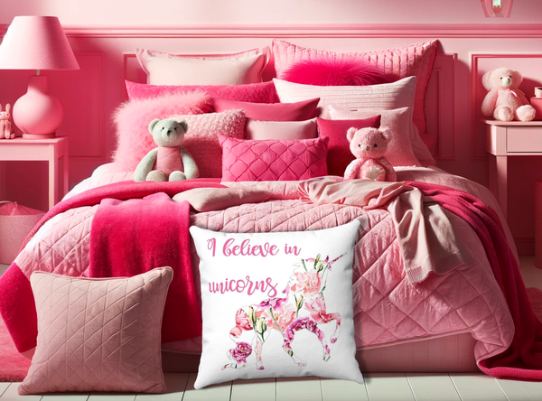 I Believe in Unicorns Decorative Floral Throw Pillows, Home Decor Girls Bedroom