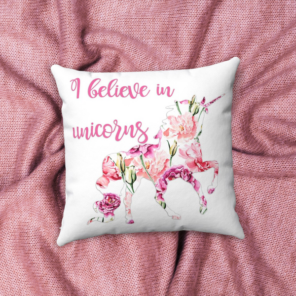 I Believe in Unicorns Decorative Floral Throw Pillows, Home Decor Girls Bedroom