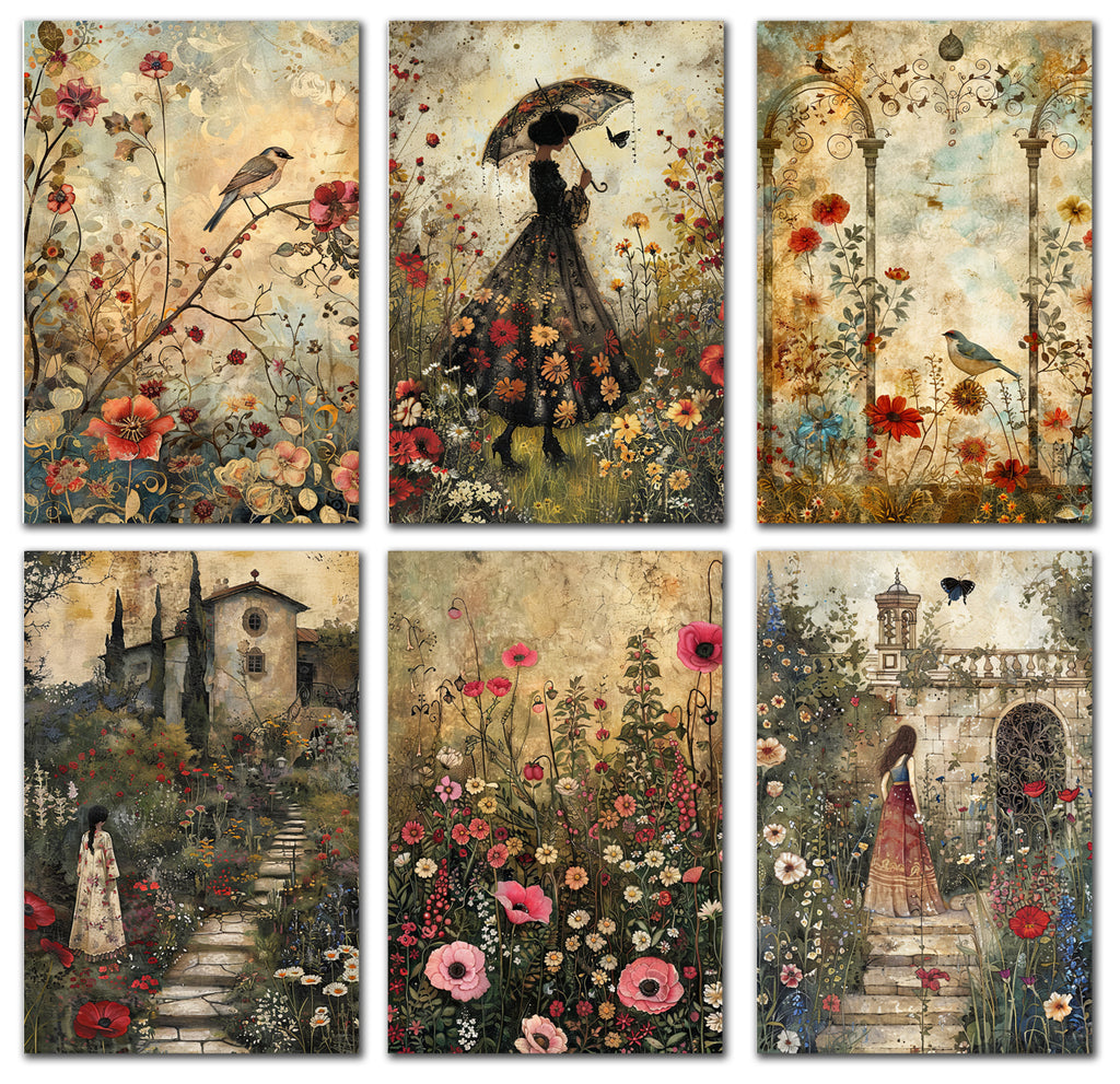 6 Handmade Victorian Gardens – Blank Inside – Folded 4x6 Every Occasion Cards with White Envelopes