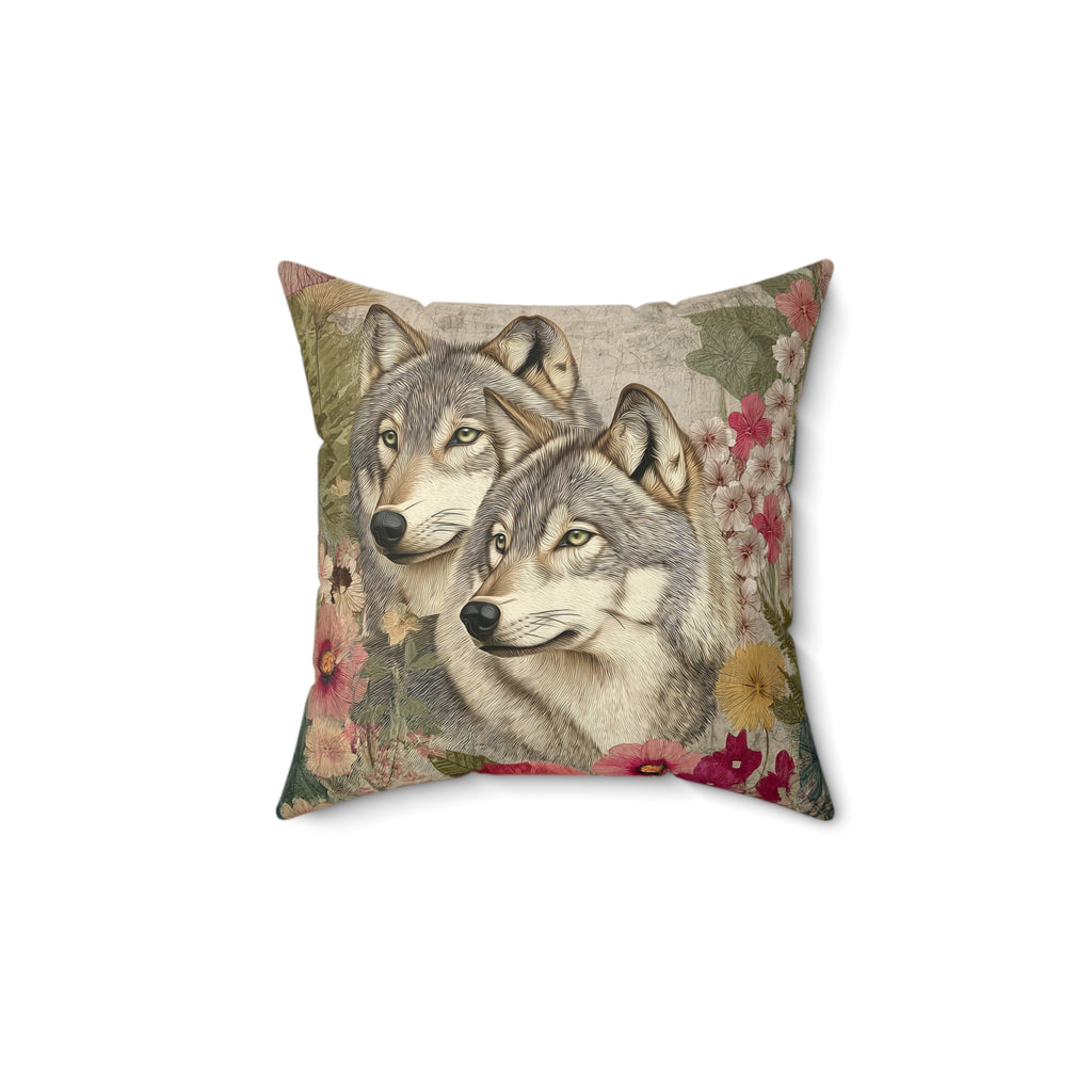 Decorative pillow with two wolves and floral patterns on a white background