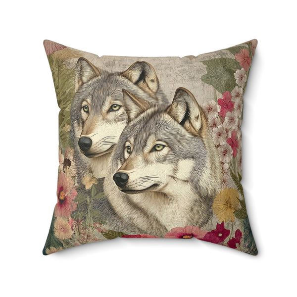 Decorative pillow with two wolves and floral patterns on a white background
