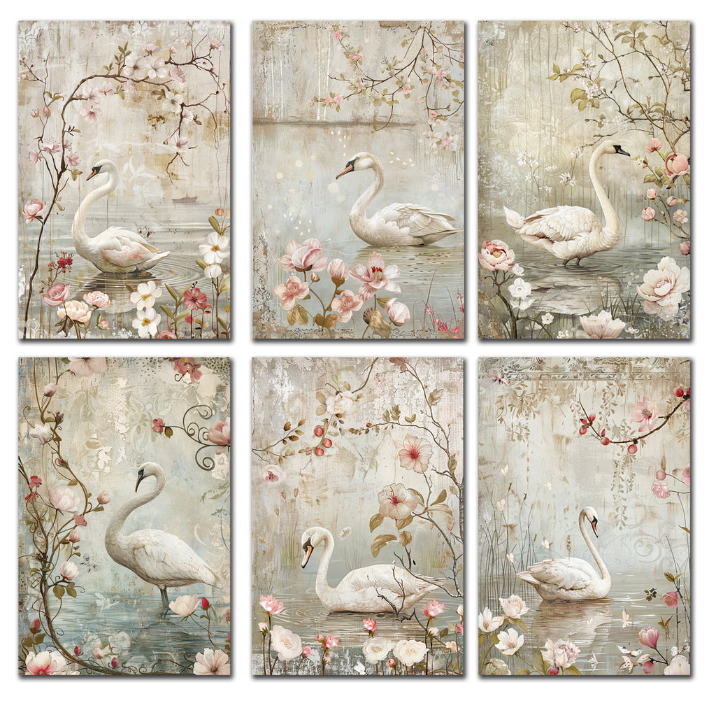 6 Handmade Victorian Swans – Blank Inside – Folded 4x6 Every Occasion Cards with White Envelopes