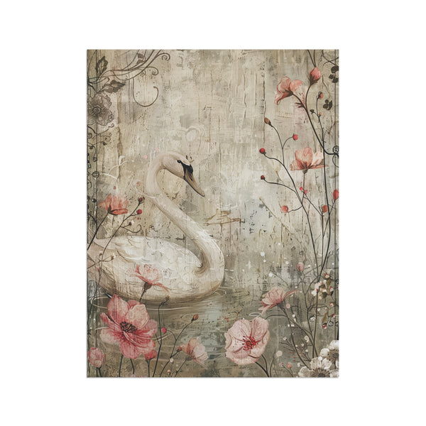 Decorative panel with a swan and floral design on a textured background