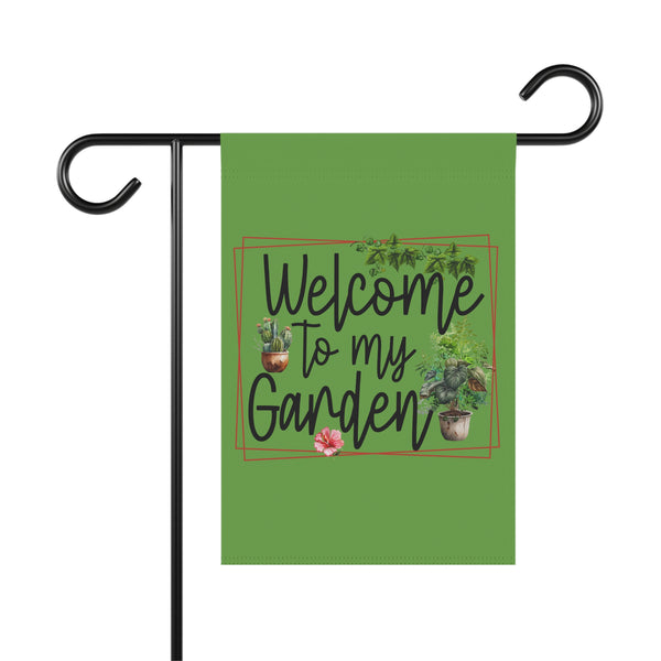 Green garden flag with 'Welcome to my Garden' text and plant illustrations on a white background.