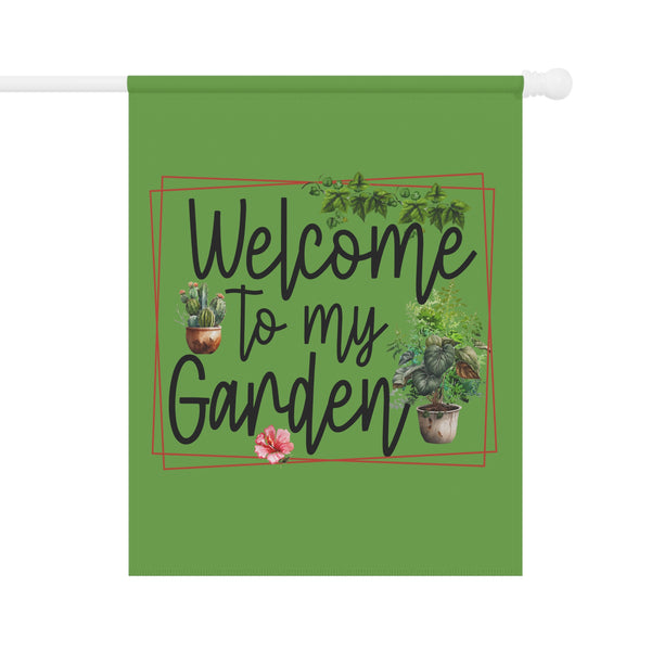 Green garden flag with 'Welcome to my Garden' text and plant illustrations on a white background