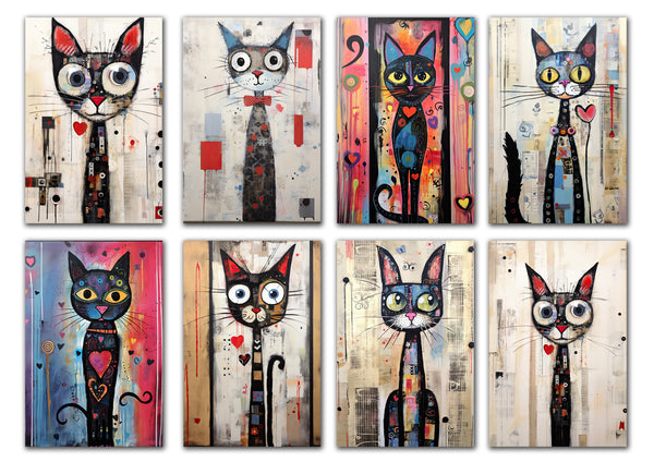 8 Handmade Whimsical Cats – Blank Inside – Folded 4x6 Every Occasion Cards with White Envelopes
