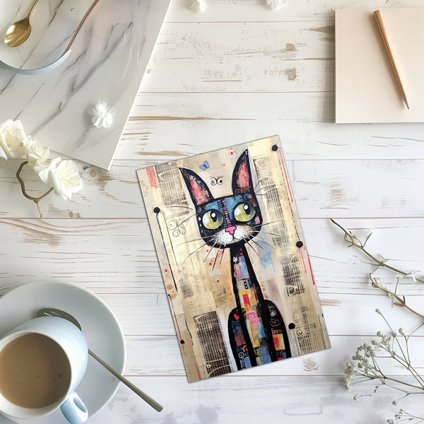 8 Handmade Whimsical Cats  – Blank Inside – Folded 4x6 Every Occasion Cards with White Envelopes