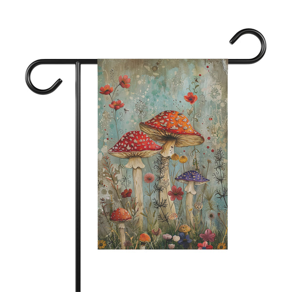 Decorative garden flag with mushrooms and flowers on a white background