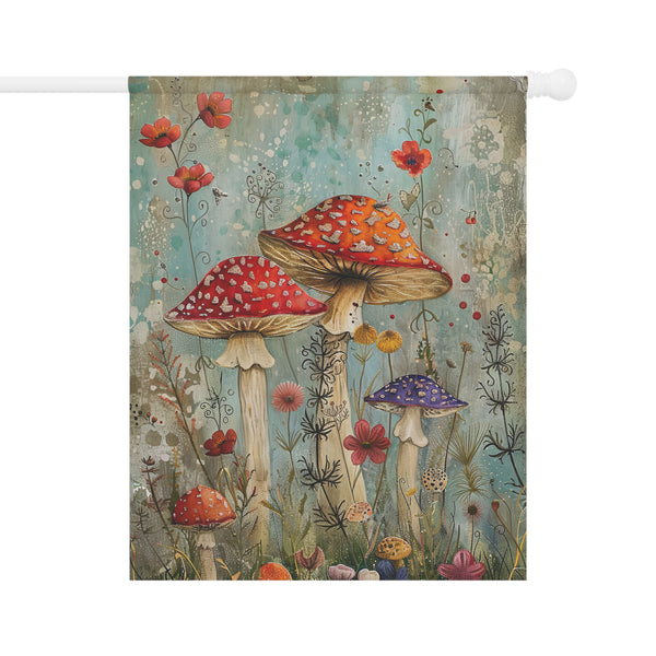 Decorative flag with colorful mushrooms and flowers on a white background