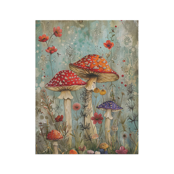 Colorful illustration of mushrooms and flowers on a textured background