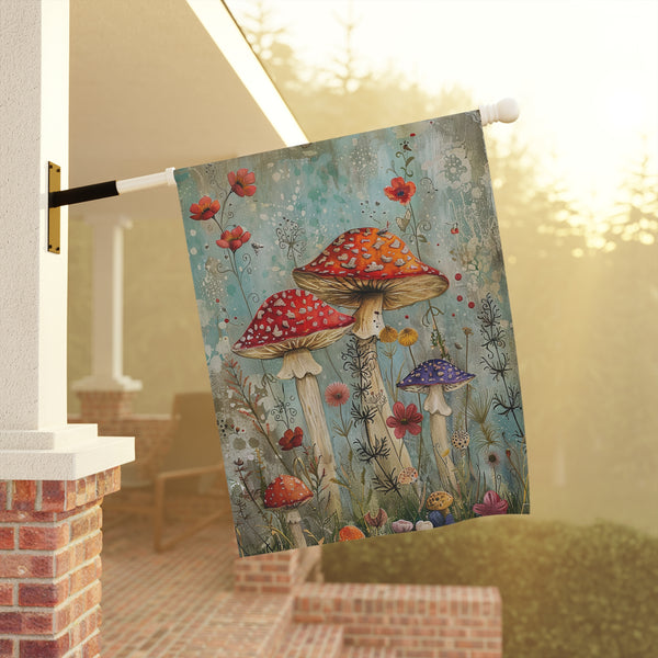 Decorative garden flag with mushrooms and flowers hanging on a pole outdoors.