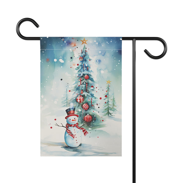 Decorative garden flag with a snowman and Christmas tree design on a white background.