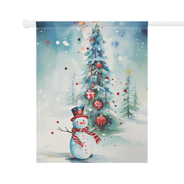Decorative flag with a snowman and Christmas tree design on a white background