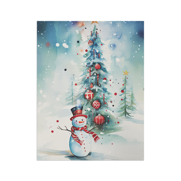 Illustration of a snowman with a decorated Christmas tree in the background