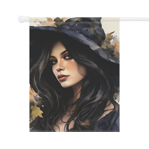 Decorative banner with a woman wearing a witch hat and surrounded by autumn leaves.