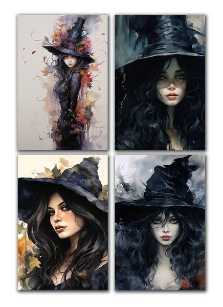 8 Handmade Witches – Blank Inside – Folded 4x6 Every Occasion Cards with White Envelopes