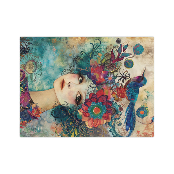 Velveteen Blanket, Abstract Woman Watercolor Painting and Flowers, Blue Bird