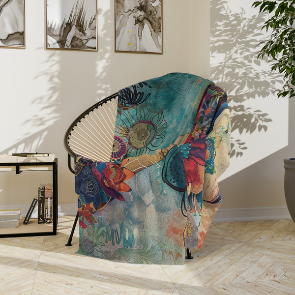 Velveteen Blanket, Abstract Woman Watercolor Painting and Flowers, Blue Bird