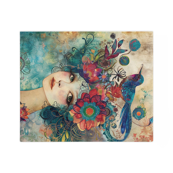 Velveteen Blanket, Abstract Woman Watercolor Painting and Flowers, Blue Bird