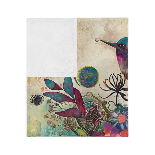 Velveteen Blanket, Abstract Woman Watercolor Painting and Flowers, Blue Bird