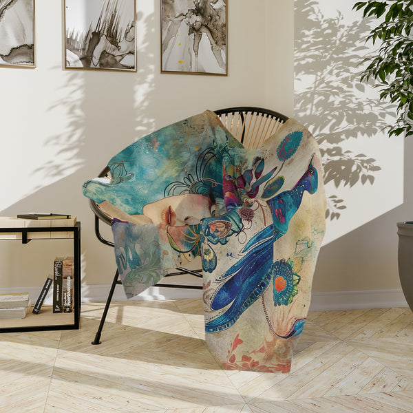 Velveteen Blanket, Abstract Woman Watercolor Painting and Flowers, Blue Bird