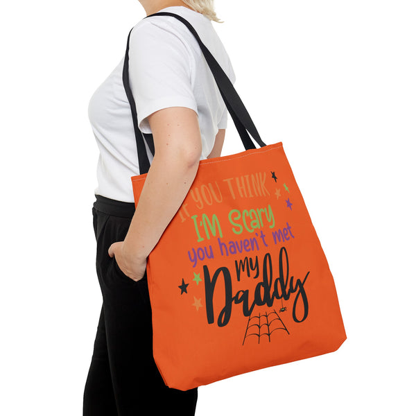 Scary Daddy Halloween Trick or Treat Bag over the shoulder of an adult woman