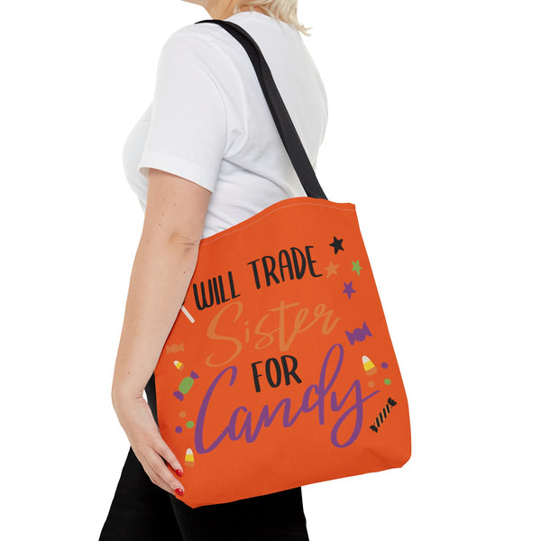 Trade Sister for Candy Halloween Trick or Treat Bag over the shoulder of an adult woman