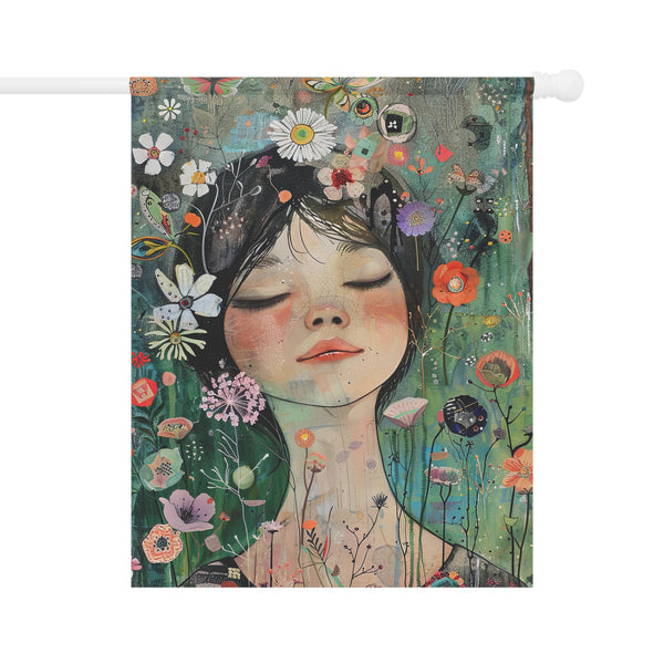 Decorative flag with an illustration of a woman surrounded by flowers on a white background