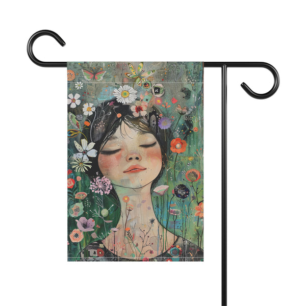Decorative garden flag with an illustration of a girl surrounded by flowers on a white background.
