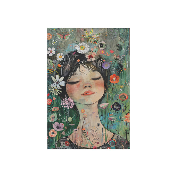 Illustration of a woman with flowers and butterflies on her head and shoulders against a white background
