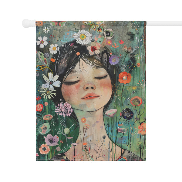 Decorative flag with an illustration of a woman surrounded by flowers on a white background