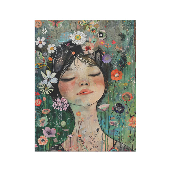 Illustration of a woman with flowers and butterflies around her head on a white background