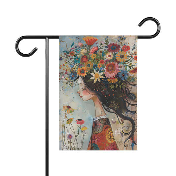 Decorative garden flag with a woman's face and floral hair on a white background