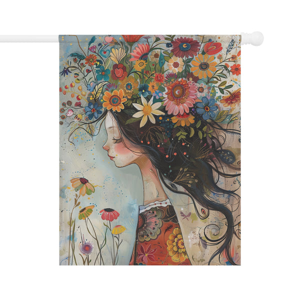 Decorative flag with a colorful illustration of a woman with flowers in her hair on a white background.