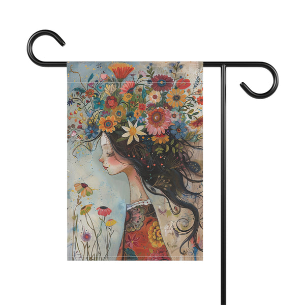 Garden flag with a design of a woman with flowers in her hair on a white background.