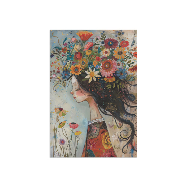 Artistic depiction of a woman with flowers in her hair on a light background