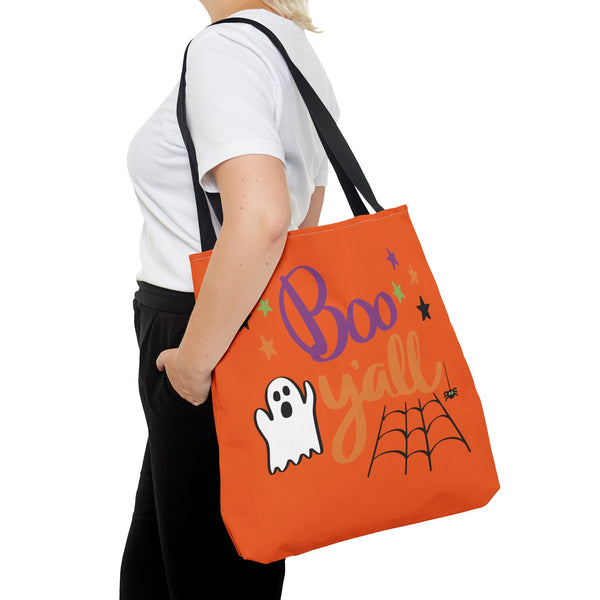 Boo Y'all Halloween Trick or Treat Bag over the shoulder of a woman