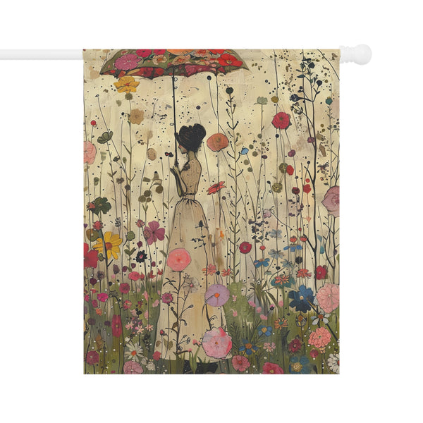 Decorative flag with a woman holding an umbrella amidst flowers on a beige background
