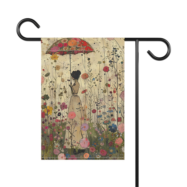 Decorative garden flag with a woman holding an umbrella amidst flowers on a white background.