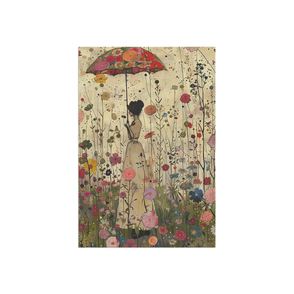 Illustration of a person holding a red umbrella amidst flowers on a beige background