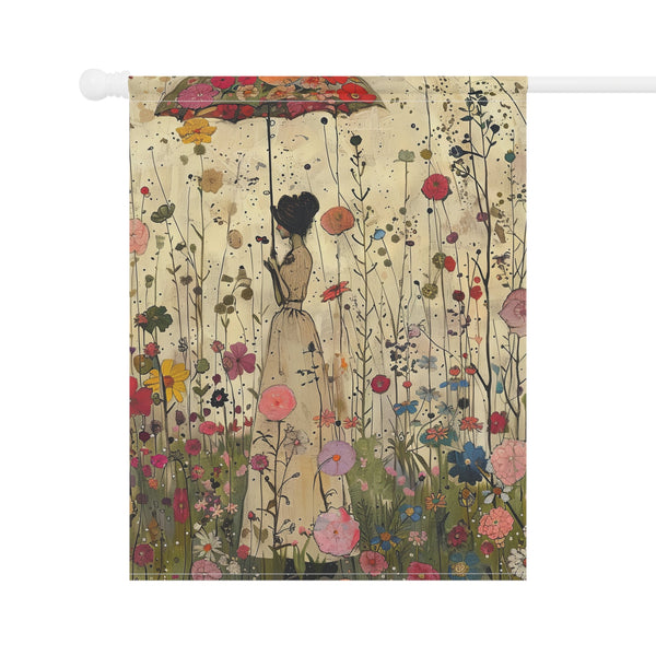 Decorative flag with an illustration of a woman holding an umbrella amidst flowers on a white background.