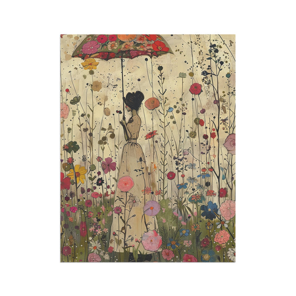 Illustration of a woman holding a floral umbrella in a garden of flowers and plants.