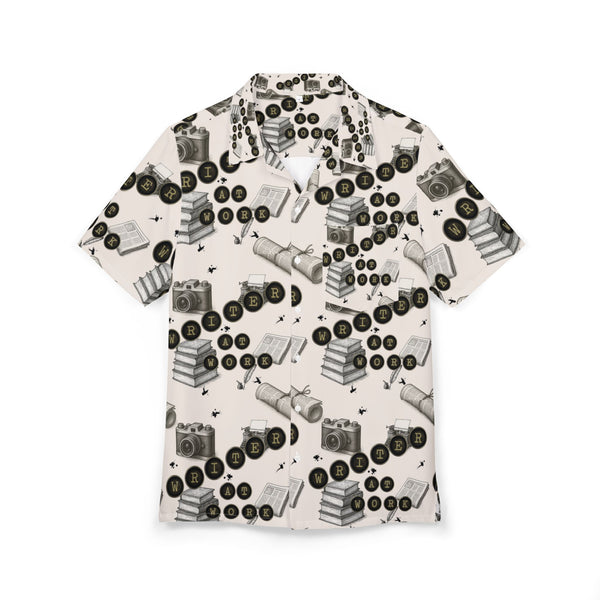 Short-sleeve shirt with black and white pattern on a white background