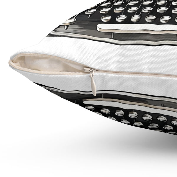 Black and white patterned pillow with zipper on a white background